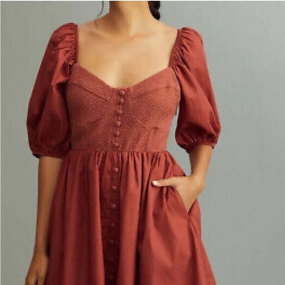 NEW Maeve Puff-Sleeved Sweetheart Mini Dress Burnt Sienna S - Picture 2 of 11